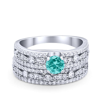 Art Deco Two Piece Bridal Set Wedding Ring Band Round Simulated Paraiba Tourmaline CZ 925 Sterling Silver